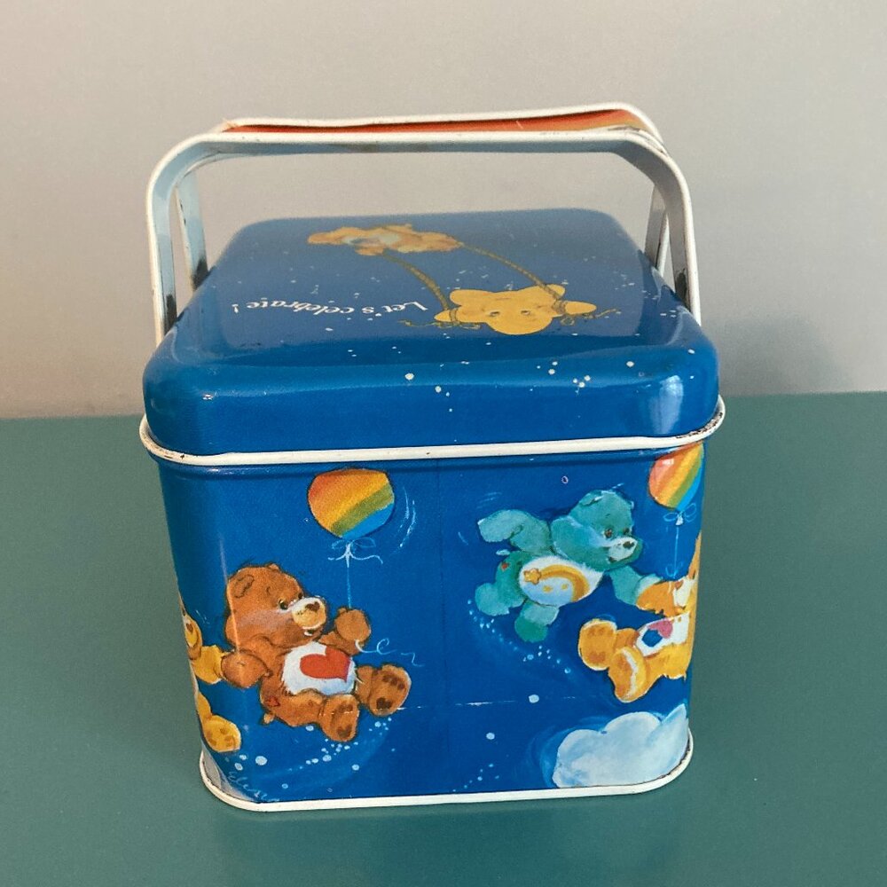 American Greetings Care Bears Vintage Collectible Metal Tin Basket w/Lid/Handles - Picture 5 of 15